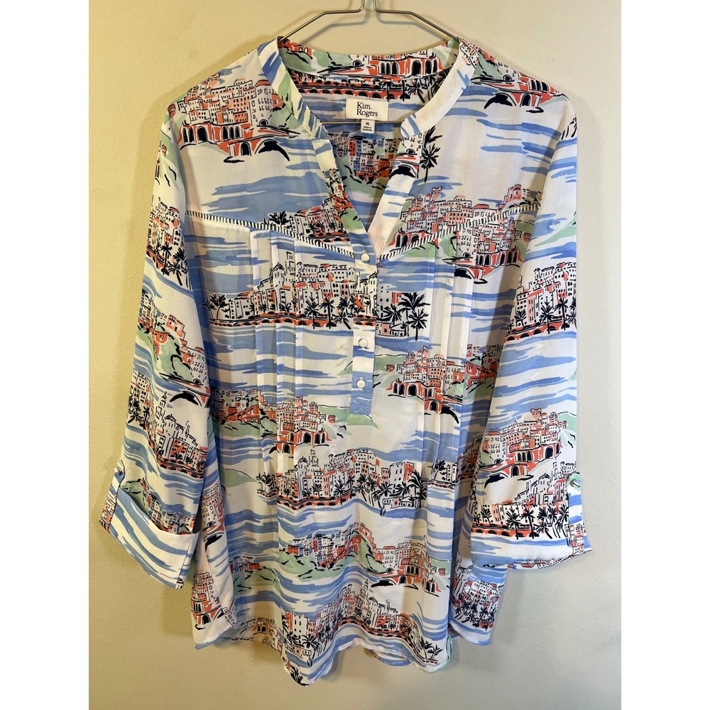 Kim Rogers Womens Tunic Top Mediterranean Scenic Print Blue‎ XL